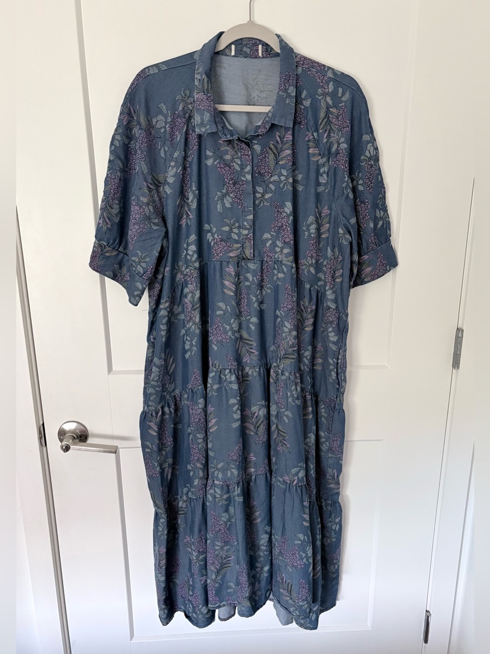 Natural Life Rebecca Tiered Midi Shirt Dress Blue Floral Lyocell Blend - XXL